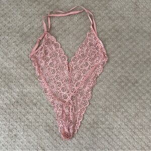 Pink lace teddy with sheer skirt coverup from Spicy Lingerie